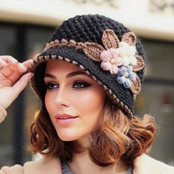 Handmade Floral Crochet Knit Beanie Hat - Picture 2 of 8